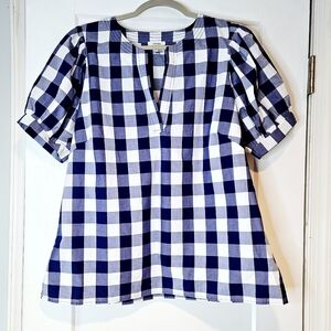 Tyler Boe Blue White Gingham Puff Sleeve Tunic Top Preppy Coastal